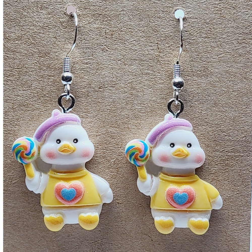 Handmade Duck with Lollipop Resin Drop Earrings Yellow Heart Sweater Novelty